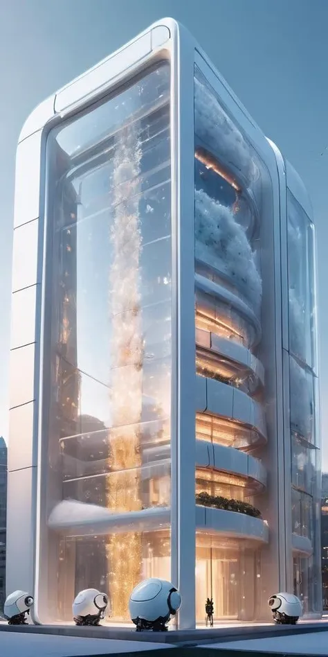 Perfect image quality, high-definition 8K, movie scenes, glass architecture, white, ceramic texture, crystal glass, futuristic technology, robots, warm lighting,