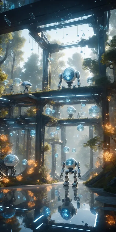 HD 8K, movie scenes, warm lighting, glass architecture, high saturation, contrasting composition, white, ceramic texture, crystal glass, futuristic technology, robots, forests, fireflies, fantasy scenes,