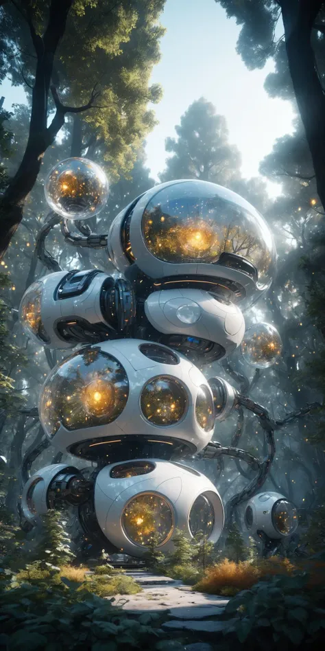 HD 8K, movie scenes, warm lighting, glass architecture, high saturation, contrasting composition, white, ceramic texture, crystal glass, futuristic technology, robots, forests, fireflies, fantasy scenes,