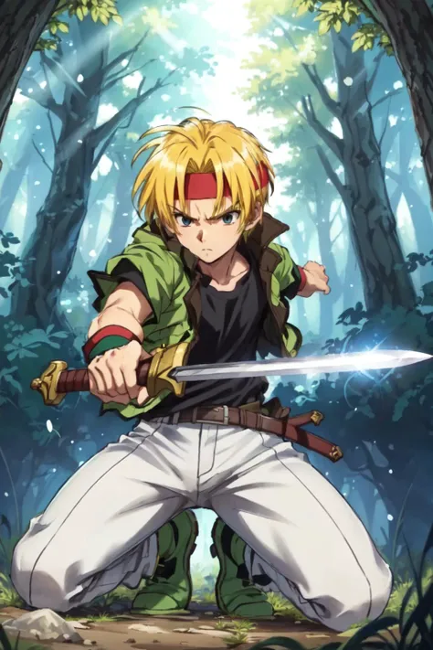 masterpiece, solo, 1boy, ClaudeKenni <lora:ClaudeKenni:0.8>, blonde hair, short hair, green jacket, black shirt, white pants, green shoes, red headband, holding sword, forest, serious look, swirling wind, blue light, magical sword