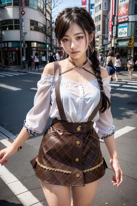 (realistic:1.3), finely detailed, quality, rembrandt lighting, (masterpiece:1.2), (photorealistic:1.2), (best quality), (detailed skin:1.3), (intricate details), dramatic, ray tracing, 1girl, japanese girl, 21 years old, detailed skin texture, (blush:0.5), (goosebumps:0.5), subsurface scattering, smiling, medium breasts, twin braids, braided loops, bangs, hair between eyes, (salopette skirt:1.2), criss-cross halter, bare shoulders, cowboy shot, (bright sunny day, tokyo street, sky),  <lora:salopetteskirt3:0.8>