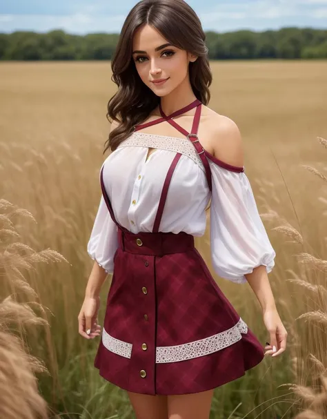 (((medium shot)))a stunning detailed background  (A lush, green meadow filled with wildflowers and tall, swaying grasses),, mid age, milf, dark theme,masterpiece, best quality, realistic, photo of fit sexy naked brunette  30 year old with a flower in hair (sydney-4200), girl(tiny waist, medium hips, large natural breast) ( beautiful windswept very long:1.5  00_hair_blond,  hair:1.5,  Peach lips,) flicked, detailed face, detailed body, full body, intricate, High Detail, Sharp focus  (perfect female form, perfect face:1.5, beautiful eyes:1.5 eyeliner, expressive eyes, amused expression), light sensual smile, 
  ((perfect eyes)), (detailed pupils) long shot, , depth of field,  (((medium shot))) (realistic:1.5) photorealistic, realistic,
 salopette skirt, criss-cross halter, bare shoulders,  <lora:salopetteskirt3:0.8>, (maroon, ), salopette skirt, criss-cross halter, bare shoulders, white see-thruogh upper, patter skirt,