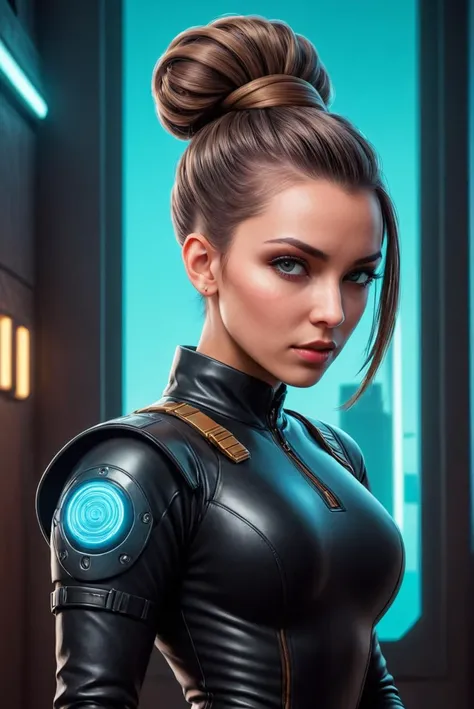 HDR photo of <lora:FF__Cyberpunk_Style:1>, CGI Art, Serial Art, midweight cyberpunk of Memory, Low bun hairstyle, art by Moebius, Rule of Thirds, Art Deco, cyber punk 2077, cyberpunk woman . High dynamic range, vivid, rich details, clear shadows and highlights, realistic, intense, enhanced contrast, highly detailed