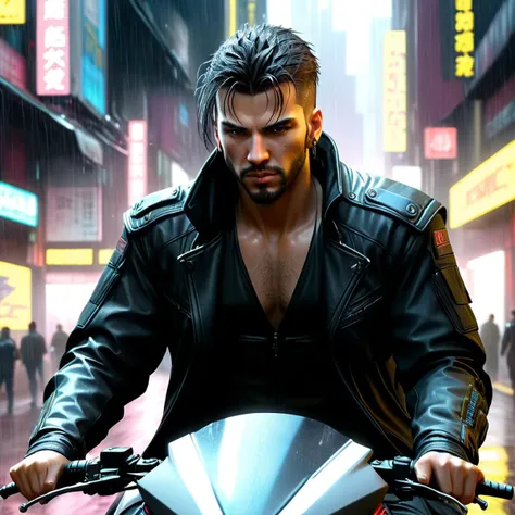 Long exposure photo of (Graphic novel:1.3),(Energetic:1.3) <lora:FF-CyberF-Male1Locon:1> arafed man riding a motorcycle in the rain on a city street, sitting on cyberpunk motorbike, cyberpunk art ultrarealistic 8k, cyberpunk style ï¼ hyperrealistic, neon rainy cyberpunk setting, neon cyberpunk, cyberpunk art 2077, cyberpunk vibe, cyberpunk themed art, bright cyberpunk glow, cyberpunk art style, cyberpunk art, neon cyberpunk style, cyberpunk knight, cyberpunk neon cyber woman in a black leather jacket standing in a city, cyberpunk hero, cyberpunk character art, cyberpunk dude, cyberpunk portrait, cyberpunk themed art, cyberpunk style ï¼ hyperrealistic, cyberpunk digital painting, cyberpunk character, ((cyberpunk)), cyberpunk art, cyberpunk digital art, cyberpunk artm, cyberpunk art style, detailed cyberpunk illustration, digital cyberpunk anime art cyberpunk art 2077, cyberpunk 2077â, cyberpunk art ultrarealistic 8k, in cyberpunk 2 0 7 7,(One Color:1.3),(close portrait:1.3),(Masculine:1.4),attractive,handsome,calendar pose,perfectly detailed eyes,studio lighting,thematic background . Blurred motion, streaks of light, surreal, dreamy, ghosting effect, highly detailed