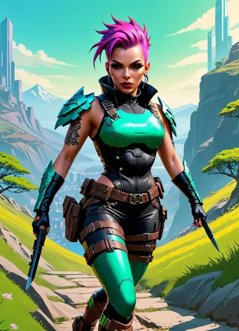 GTA-style artwork <lora:FF__Cyberpunk_Style:1>, cyber punk 2077, cyberpunk woman, art by Peter Andrew Jones, concept art, concept art, Decorative fit Celtic Female Dragonkin, ð, Hiking, Spring, Guilty, Kodak Ektar . Satirical, exaggerated, pop art style, vibrant colors, iconic characters, action-packed