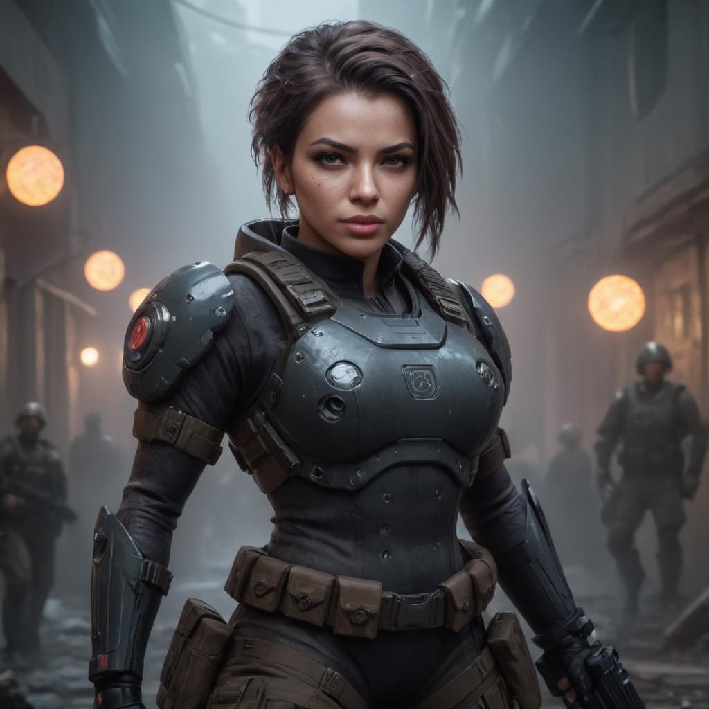 A woman in a futuristic suit standing in a dark alley - SeaArt AI