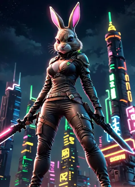 Hyperrealistic art <lora:Cyber BunnY Warfare FFusion:1>1girl, solo, breasts, looking at viewer, large breasts, gloves, long sleeves, holding, animal ears, medium breasts, standing, jacket, weapon, cowboy shot, outdoors, sky, pants, sword, fingerless gloves, holding weapon, armor, rabbit ears, blurry, gun, night, depth of field, blurry background, black pants, from below, helmet, building, holding gun, night sky, rifle, furry, blurry foreground, city, rabbit girl, furry female, assault rifle, lamppost, city lights, cyberpunk, neon lights, FFcyberbunny, solo, weapon, rabbit ears, city . Extremely high-resolution details, photographic, realism pushed to extreme, fine texture, incredibly lifelike
