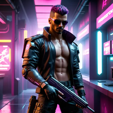 neonpunk style <lora:FF-CyberF-Male1Locon:1> cyber man holding a gun in a neon lit room, cyberpunk hero, cyberpunk photo, cyberpunk art 2077, cyberpunk art ultrarealistic 8k, cyberpunk style ï¼ hyperrealistic, cyberpunk art style, cyberpunk assassin, in cyber punk 2077, cyberpunk themed art, cyberpunk soldier, cyberpunk 2077â . cyberpunk, vaporwave, neon, vibes, vibrant, stunningly beautiful, crisp, detailed, sleek, ultramodern, magenta highlights, dark purple shadows, high contrast, cinematic, ultra detailed, intricate, professional