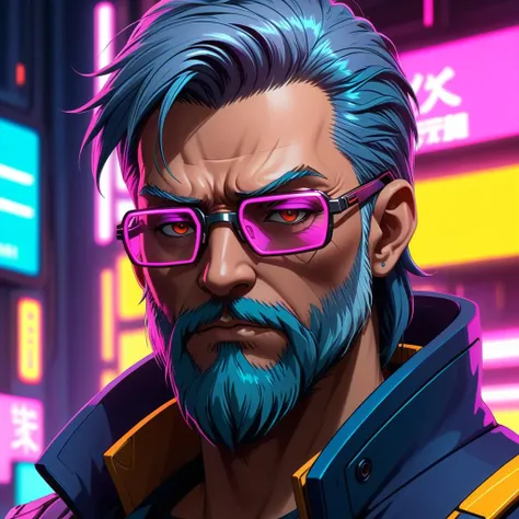 a man with beard and glasses in a futuristic suit, cyberpunk portrait, cyberpunk face, cyberpunk hero, portrait of a cyberpunk man, cyberpunk character, hyper-realistic cyberpunk style, bright cyberpunk glow, cyberpunk character art, cyberpunk shading, ultrarealistic 8k cyberpunk art, cyberpunk digital art, cyberpunk art style, cyberpunk art style, cyberpunk themed art, pink and cyan color