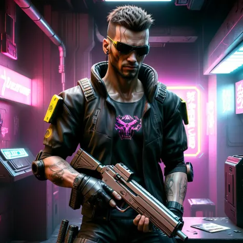 Hyperrealistic art <lora:FF-CyberF-Male1Locon:1> cyber man holding a gun in a neon lit room, cyberpunk hero, cyberpunk photo, cyberpunk art 2077, cyberpunk art ultrarealistic 8k, cyberpunk style ï¼ hyperrealistic, cyberpunk art style, cyberpunk assassin, in cyber punk 2077, cyberpunk themed art, cyberpunk soldier, cyberpunk 2077â . Extremely high-resolution details, photographic, realism pushed to extreme, fine texture, incredibly lifelike