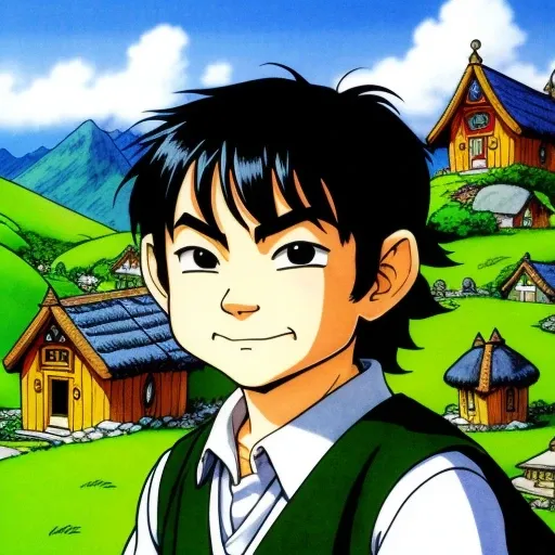 front portrait of a cartoon hobbit, village on background, by Akira Toriyama, detailed, manga, portrait, anime