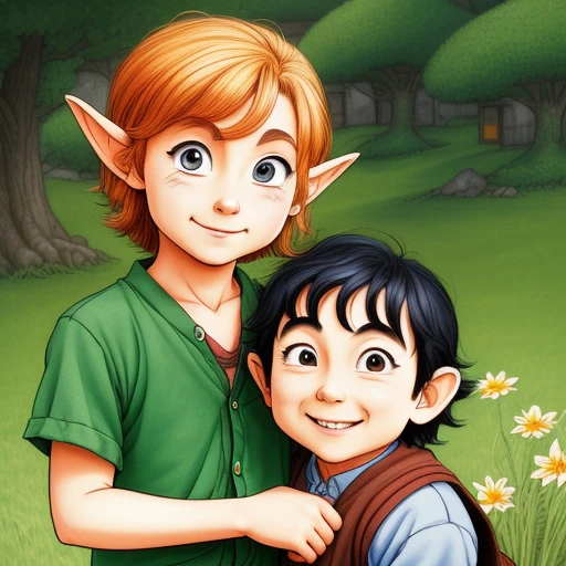 a cartoon front portrait of a hobbit mother and son, by Akira Toriyama, digital art, digital, detailed, manga, portrait, anime