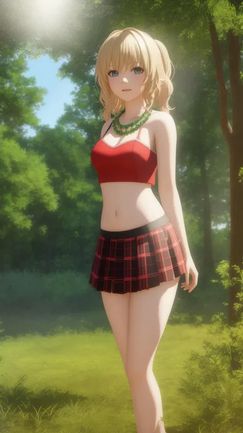 1girl, 3d, blonde_hair, breasts, bush, christmas_tree, day, forest, grass, jewelry, medium_breasts, midriff, nature, navel, necklace, outdoors, see-through, skirt, solo, sunlight, tree, veil, digital art, digital, detailed, manga, portrait, anime, dslr, post-processing, max detail, massive scale, soft lighting, studio lighting, character, 8k uhd, studio quality, realistic, photorealism, photography, photoshop, ultra realistic, detailed