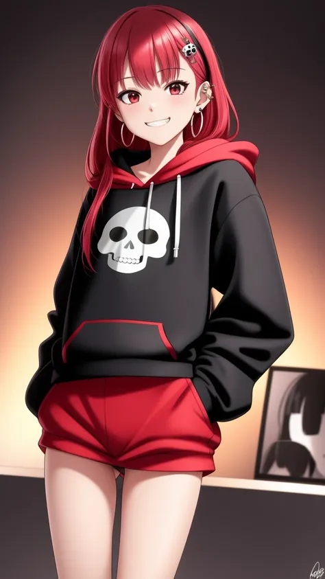 1girl, artist_name, ass, ass_focus, bent_over, clothes_pull, ear_piercing, earrings, grin, hair_ornament, hairclip, heart, hood, hoodie, jewelry, looking_at_viewer, looking_back, panties, pants, pants_pull, piercing, red_eyes, red_hair, signature, skull_earrings, smile, solo, underwear, white_panties, digital art, digital, detailed, manga, portrait, anime, dslr, post-processing, max detail, massive scale, soft lighting, studio lighting, character, detailed, digital, digital art, digital painting, 8k uhd, studio quality, anime, cartoon