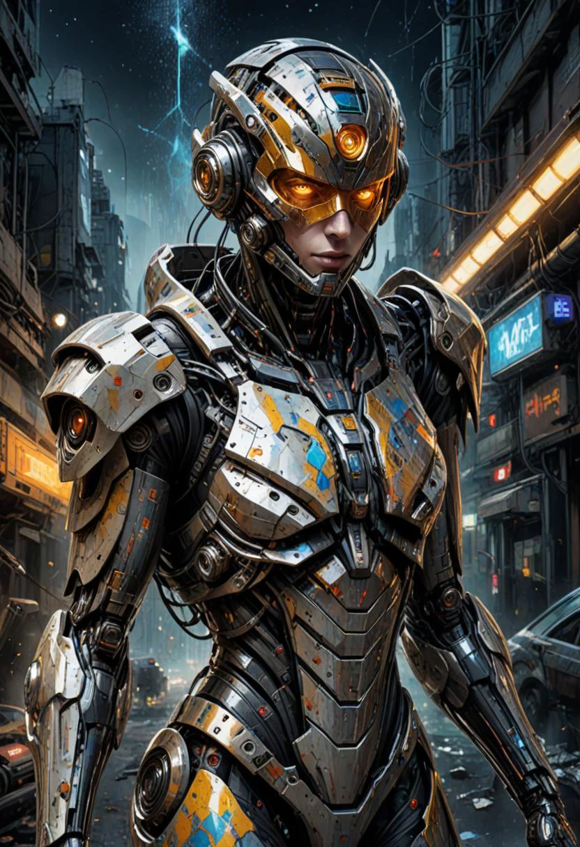Pop Art style cybernetic style futuristic jewish person in a sleek cybernetic leather stealth suit, looking back, highly detailed mechanical eyes, mechanical right arm, visor, sneaking along a wall through alien-tech urban jungle at night, starry sky, nervous and excited expression, messy, streaks, oil painting, <lora:YossiKotlerXLStyle:0.4> yktlr, painting, large, . futuristic, technological, cybernetic enhancements, robotics, artificial intelligence themes, . Bright colors, bold outlines, popular culture themes, ironic or kitsch
