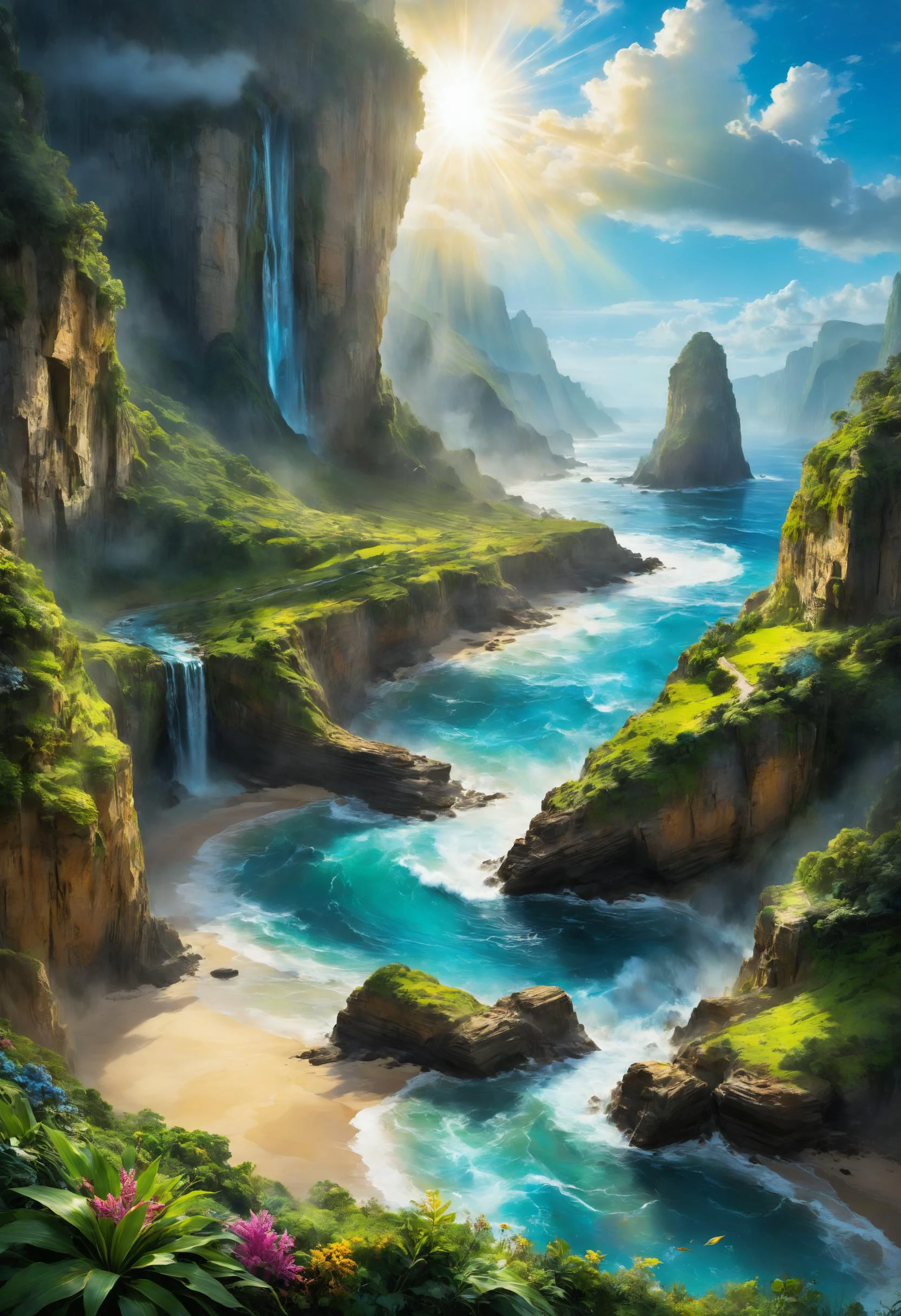 alien landscape, Bioluminescent rivers weaving through lush valleys, Towering cliffs overlooking crashing ocean waves , alien flora, Sunrays shine upon it, <lora:pastel_colors_xl_v3:0.7>, <lora:SDXLFaeTastic2400:0.4>, <lora:YossiKotlerXLStyle:0.8> yktlr