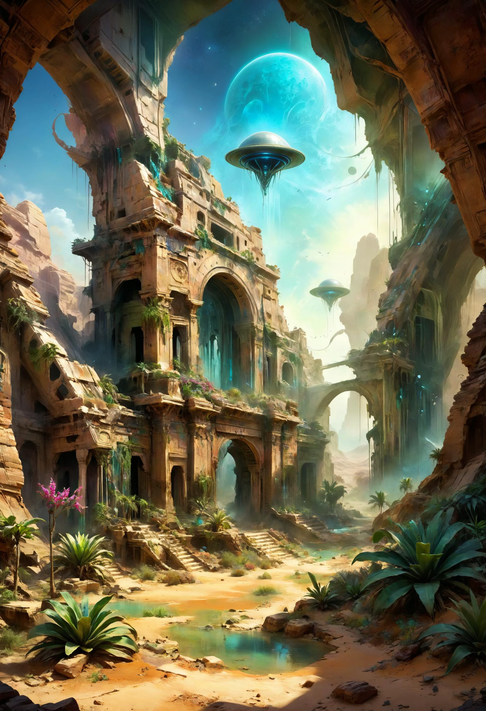 alien landscape, Enigmatic ruins hinting at ancient civilizations, Lush oasis thriving in arid desert , alien flora, Back lighting, <lora:ral-colorswirl:0.7> ral-colorswirl, <lora:xl_more_art-full_v1:0.4>, <lora:YossiKotlerXLStyle:0.8> yktlr