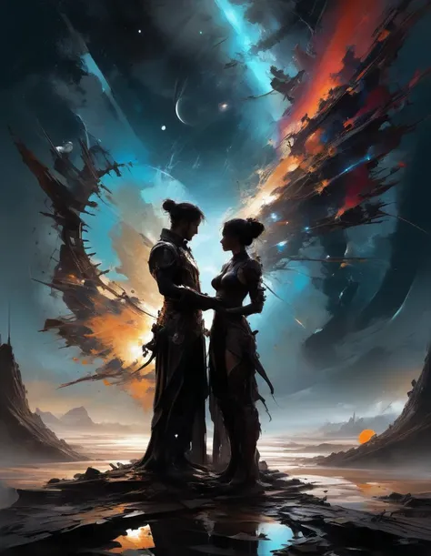 yktlr style,a surprise proposal while stargazing,painting,epic,awardwinning,trending on artstation and deviant art,dark,messy,abstract,high contrast,,symmetry,dark fantasy scenario by Peter Mohrbacher and Bastien Lecouffe Deharme high detail, hyperrealistic,4k, deviantart, artstation <lora:YossiKotlerXLStyle-000005:0.75>
