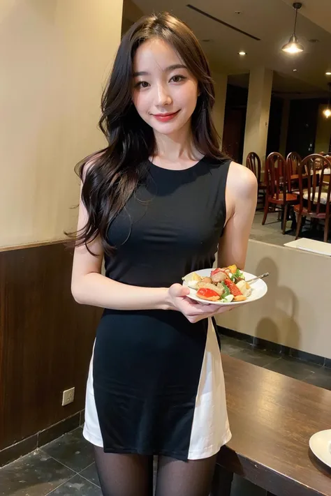 (best quality:1.4), (ultra highres:1.2), (photorealistic:1.4), (8k, RAW photo:1.2),(portrait shot:1.3), pimmmmss, 1girl, solo, black hair, long hair, looking at viewer, cowboy shot, serving, (white stockings), smile, standing seductively, at the restaurant, (holding a plate:1.4), china dress, (black dress:1.4), <lora:pimmmmss-08:0.7>, <lora:KisakiChinaDress:0.8>