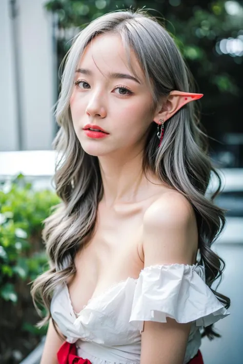(best quality:1.4), (ultra highres:1.2), (photorealistic:1.4), (8k, RAW photo:1.2),(portrait shot:1.3), pimmmmss, pointy ears, elf, 1girl, solo, silver hair, white hair, long hair, looking at viewer, bokeh, depth of field, upper body, white dress, cleavage, red eyes, <lora:pimmmmss-08:0.7>, <lora:ElfOutfitV2:0.55>