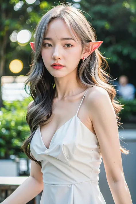 (best quality:1.4), (ultra highres:1.2), (photorealistic:1.4), (8k, RAW photo:1.2),(portrait shot:1.3), pimmmmss, pointy ears, elf, 1girl, solo, silver hair, white hair, long hair, looking at viewer, bokeh, depth of field, upper body, white dress, cleavage, red eyes, <lora:pimmmmss-08:0.7>, <lora:ElfOutfitV2:0.55>