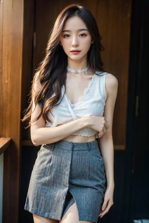(best quality:1.4), (ultra highres:1.2), (photorealistic:1.4), (8k, RAW photo:1.2),(portrait shot:1.3), pimmmmss, 1girl, solo, long hair, blue business suit, open clothes, skirt, lace, looking at viewer, bag, choker, simple background,<lora:pimmmmss-08:0.65>