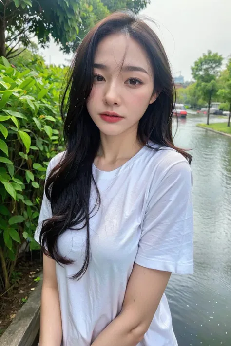 (best quality:1.4), (ultra highres:1.2), (photorealistic:1.4), (8k, RAW photo:1.2),(portrait shot:1.3), pimmmmss, 1girl, solo, long hair, breasts, medium breasts, outdoors, realistic, shirt, short sleeves, upper body, wet, wet clothes, white shirt, <lora:pimmmmss-08:0.7>