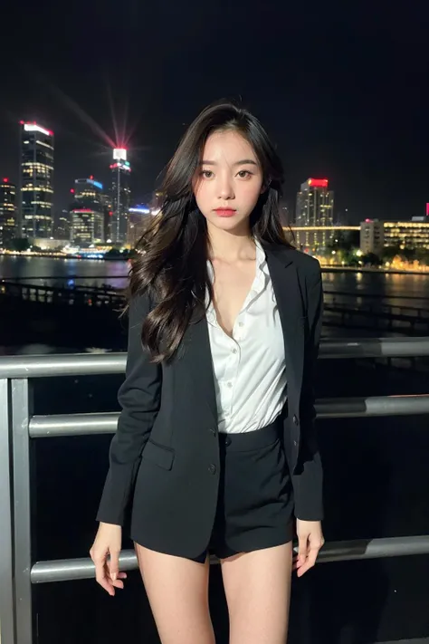 ((mid night, Acura, 8K, tmasterpiece: 1.3)), full body Esbian, long legged, Focalors: 1.2, Perfect figure beautiful woman: 1.4, Slim abs: 1.1, (A dark-haired,: 1.2 )), (Y shirt, falda corta,Sitting on Stool: 1.2), (city night scene, teto: 1.3)), Highly detailed face and skin textures, detailedeyes, 二重まぶた,