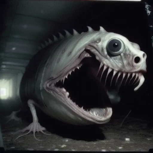 the dark streets, disposable camera, realistic, gloomy, Humanoid fish, with long teeth, decomposed body, large white eyes, guts sticking out, with a human head in its mouth