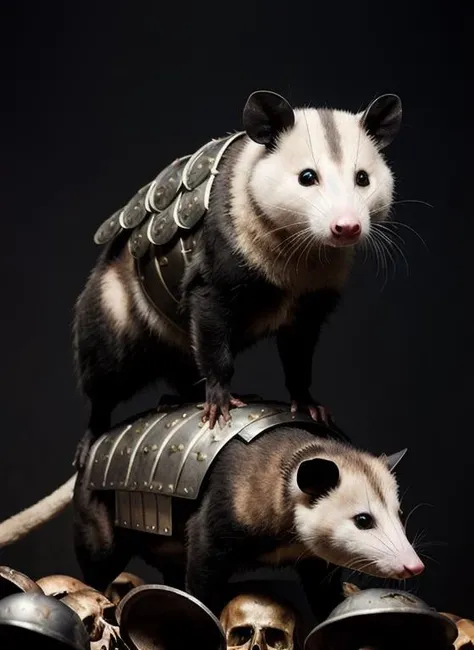 Possum wearing insanely detailed metal battle armor standing on a pile of skulls, Alessandro Casagrande, Greg Rutkowski, two tone lighting, dimly lit, low key, high definition RAW photo, sharp focus, masterpiece <lora:Possum:0.3> <lora:epiNoiseoffset_v2:0.7>