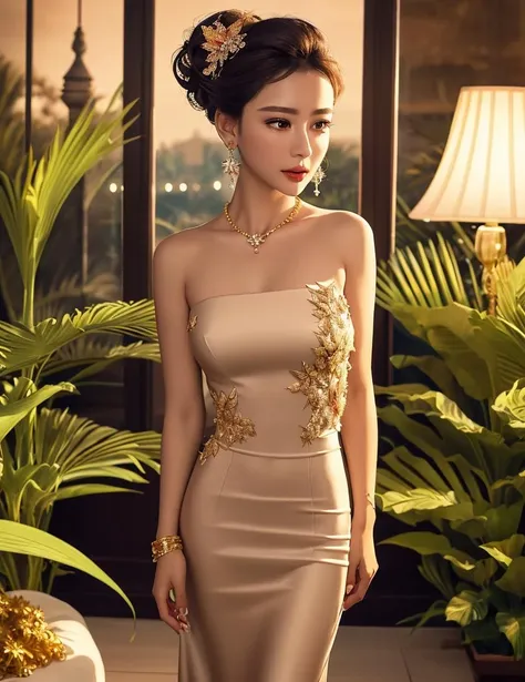 (,1girl, pov,best quality, ) , (1girl, plant, potted_plant, hair_bun, solo, standing, palm_tree )  <lora:DA_DazzlingBeauty:0.7>
ultra realistic 8k cg, flawless, clean, masterpiece, professional artwork, famous artwork, cinematic lighting, cinematic bloom, perfect face, beautiful face, fantasy, dreamlike, unreal, science fiction, lace, lace trim, lace-trimmed legwear, luxury, jewelry, diamond, gold, pearl, gem, sapphire, ruby, emerald, intricate detail, delicate pattern, charming, alluring, seductive, erotic, enchanting, hair ornament, necklace, earrings, bracelet, armlet,halo,autumn leaves, ,