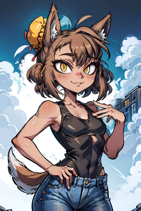 <lora:BaoziLORA:0.8> 1girl, solo, short hair, bangs, brown hair, animal ears, tail, yellow eyes, sidelocks, sleeveless, hair bun, single hair bun, dog ears, wolf tail, furry, dog tail, wide-eyed, furry female, dog girl, wolf girl, bun cover, body fur, animal nose, brown fur, two-tone fur, small chest,