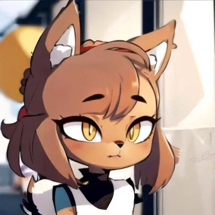 Highest quality, Highest resolution, Perfect details, Best anime style, perfect lighting, detailed background, Dou, 1girl, solo, short hair, bangs, brown hair, animal ears, tail, yellow eyes, sidelocks, sleeveless, hair bun, single hair bun, dog ears, wolf tail, furry, sdog tail, wide-eyed, furry female, dog girl, wolf girl, bun cover, body fur, animal nose, brown fur, two-tone fur