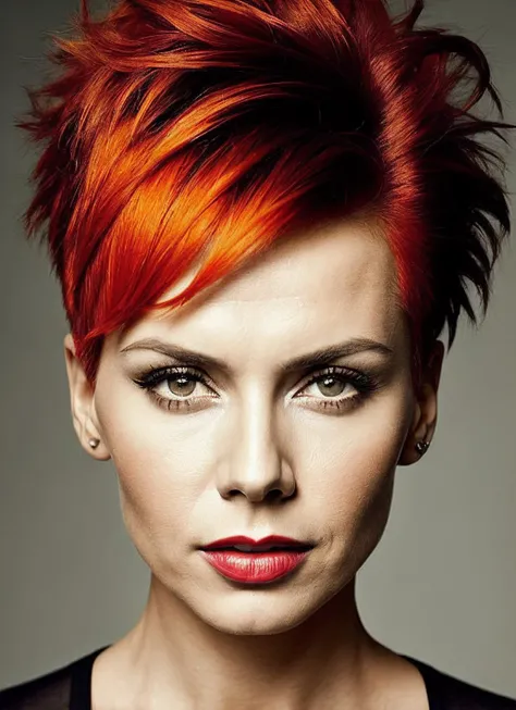 portrait of sks woman by Flora Borsi, style by Flora Borsi, bold, bright colours, orange Mohawk haircut, ((Flora Borsi)), <lora:lora_olga_v1_from_v1_160:1>
