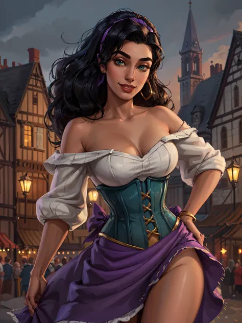 1girl, beautiful esmeralda dancing, smile, hairband, bare shoulders, dress, corset, purple skirt, jewelry, victorian town square, looking at viewer, volumetric lighting, best quality, masterpiece, realistic <lora:sxz-esmeralda-v3:0.8>