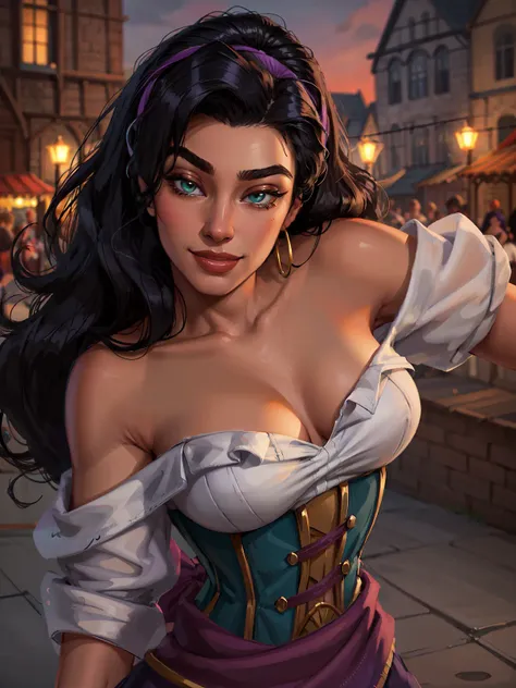 pov selfie, 1girl, beautiful esmeralda, spoken heart, smile, hairband, bare shoulders, dress, corset, purple skirt, jewelry, victorian town square, looking at viewer, volumetric lighting, best quality, masterpiece, realistic <lora:sxz-esmeralda-v3:0.8>