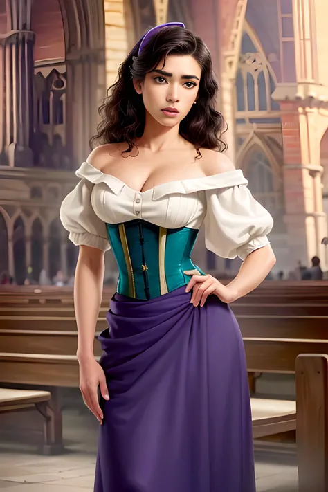 1 girl, solo,dynamic pose, cowboy shot, church, esmeralda, hairband, bare shoulders, dress, puffy short sleeves, corset, purple skirt, long skirt,<lora:sxz-esmeralda-v3:0.8>, (((photorealistic, hyper-realistic, RAW photo:1.2))),masterpiece, best quality, intricate details, 8k uhd, perfect face, perfect eyes,