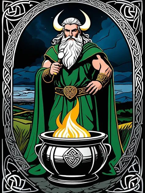 "Explore the character of Dagda from Irish mythology, focusing on his multifaceted nature as a deity associated with wisdom, strength, and abundance. Discuss his role as a father figure to the Tuatha Dé Danann, his mastery over magic and the elements, and his iconic attributes such as the cauldron of plenty and the club of power. Analyze his significance within the pantheon of Irish gods and his enduring legacy in Celtic folklore and modern culture."