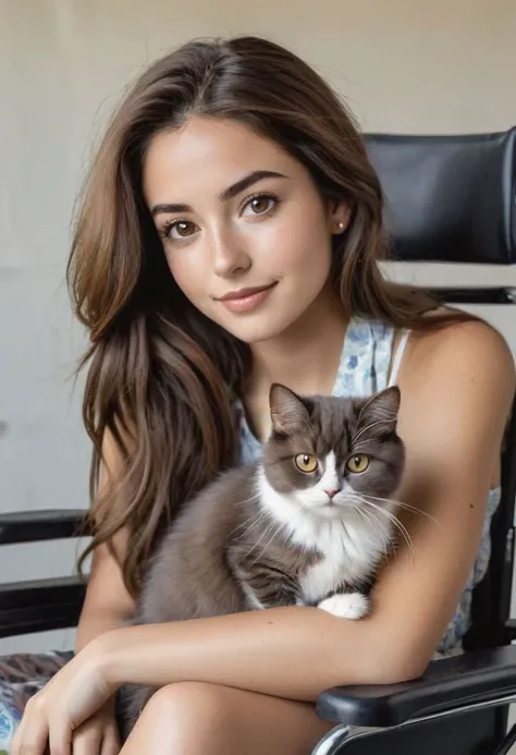 Sabrina,
25 year old,
long chestnut brown hair,
dark brown eyes,
light complexion,
few freckles on her face,
friendly face with fine facial features,
petite stature,
paraplegic,
in a colorful wheelchair,
with the gray persian cat Archi