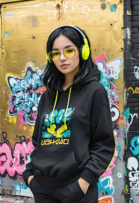 female programmer, neon hoodie, black hair, standing in front of a graffiti-covered wall. cosmic theme. headphones around the neck, gold-framed boxy glasses