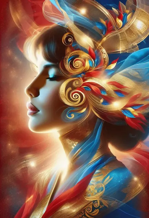 Barcelona, double exposure of a traditional singer woman portrait, red blue and gold vivid colors