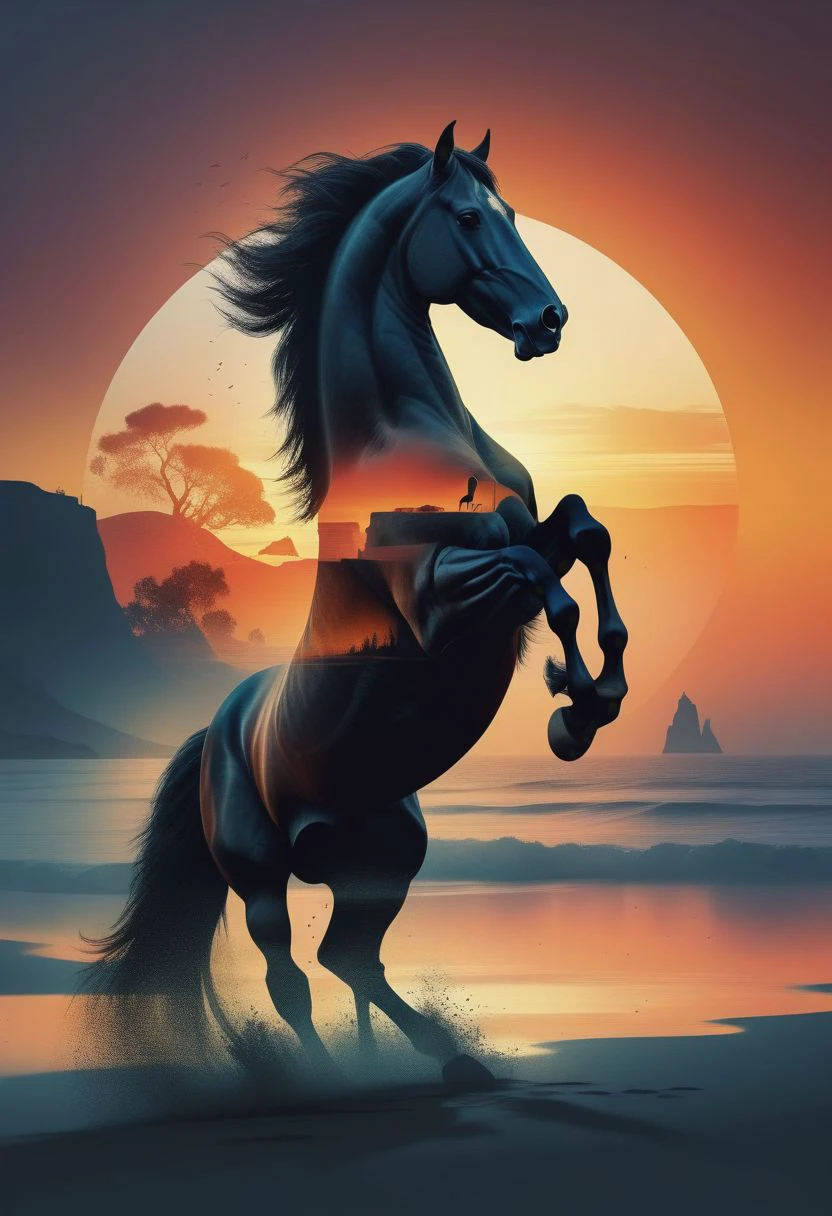 high quality, 8K Ultra HD, A beautiful double exposure that combines an huge horse rearing up on his hind legs silhouette with sunset coast, sunset coast should serve as the underlying backdrop, with its details incorporated into the horse , crisp lines, The background is vibrant, sharp focus, double exposure, awesome full color,