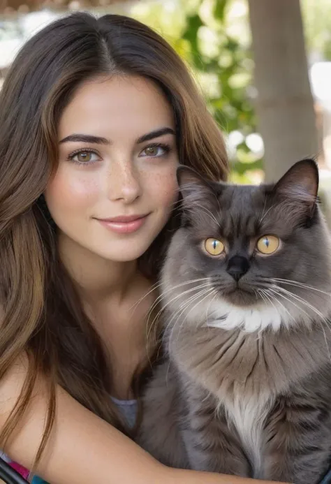 Sabrina,
25 year old,
long chestnut brown hair,
dark brown eyes,
light complexion,
few freckles on her face,
friendly face with fine facial features,
petite stature,
paraplegic,
in a colorful wheelchair,
with the gray persian cat Archi