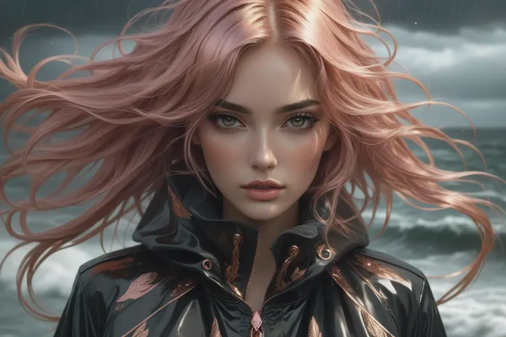(1girl),(Deluge of Darkness), beautiful woman, Long layers, extremely detailed clothes, Rose gold hair, looking at viewer,