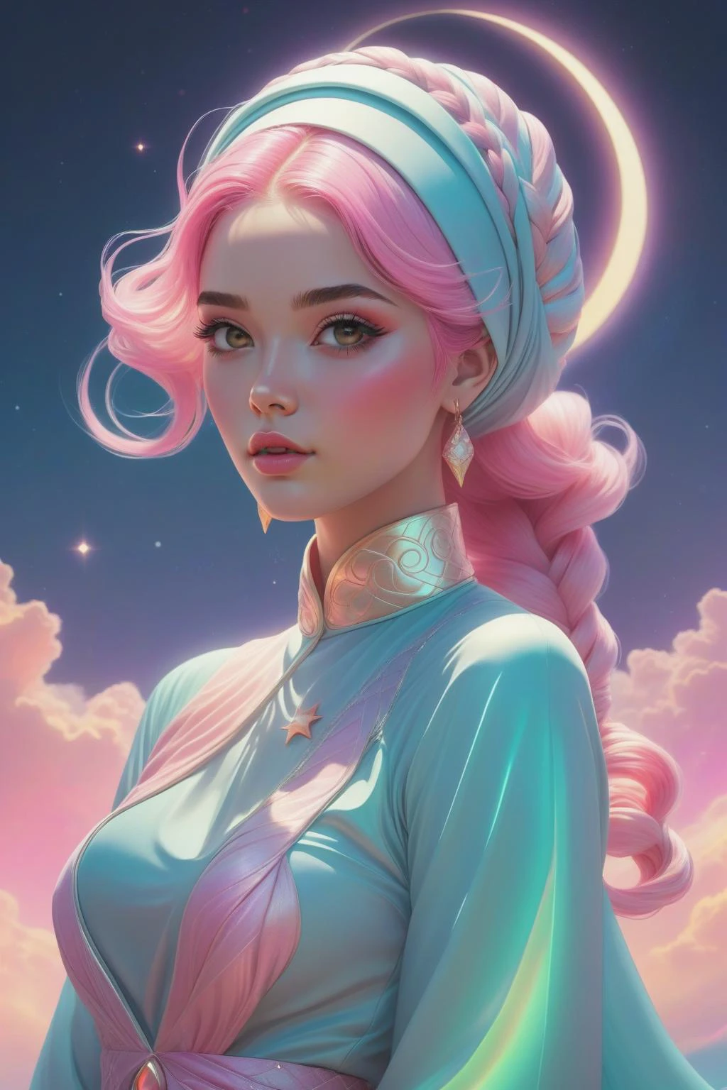 in the style of artgerm, (1girl),(in the sky is coronal flares and crescent moon , lighting strikes,, ),Posing as if listening to a seashell,Jilbab, Fishtail braid,extremely detailed clothes, Pastel pink hair, looking at viewer, <lora:Retro_Ink_SDXL:0.4> retro ink, neon glow