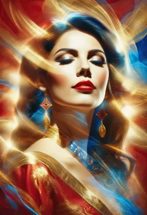 Barcelona, double exposure of a traditional singer woman portrait, red blue and gold vivid colors