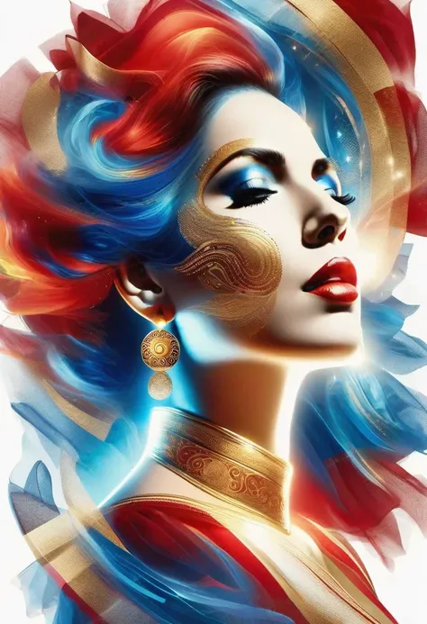 Barcelona, double exposure of a traditional singer woman portrait, red blue and gold vivid colors