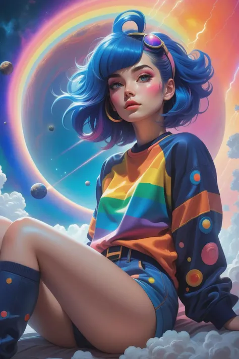 in the style of artgerm, (1girl),(in the sky is supernova and asteroid belts and big gas giant , thunderstorm, and rainbow, and slightly cloudy,, ),Lying on the back with knees up, Shag haircut, extremely detailed clothes, Royal blue hair, looking at viewer, <lora:Retro_Ink_SDXL:0.4> retro ink, neon Peach glow