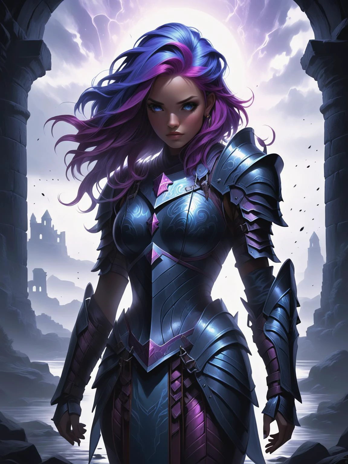 comic (video game concept art:1.2),box_art_frenzy, dark aura, fighting stance, Create a concept art of a young woman with vibrant (purple-blue hair) and breastplate and armor, ((looking sad, standing alone in a dark, mysterious fantasy world.)) She should appear strong yet vulnerable, dressed in adventure attire, with a hint of magic and ancient ruins in the background. The atmosphere should be somber, with subtle lighting highlighting her silhouette against the shadowy realm. <lora:Dark_Aura_XL_-_Filled_with_miasma:1> <lora:Box_Art_Frenzy:1> . graphic illustration, comic art, graphic novel art, vibrant, highly detailed