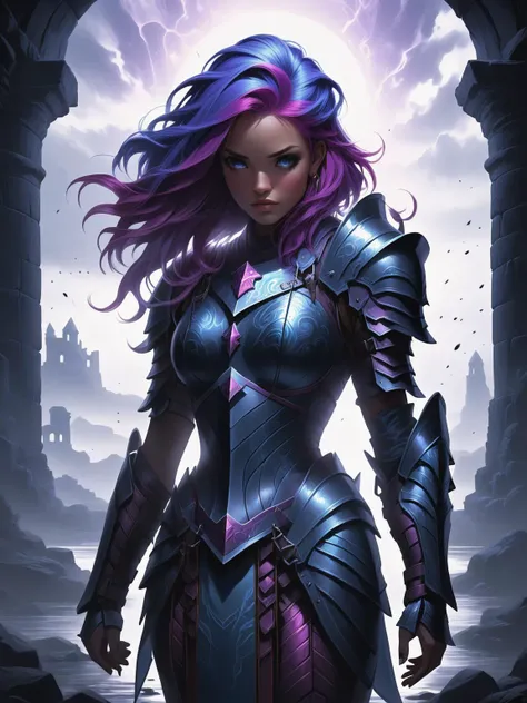 comic (video game concept art:1.2),box_art_frenzy, dark aura, fighting stance, Create a concept art of a young woman with vibrant (purple-blue hair) and breastplate and armor, ((looking sad, standing alone in a dark, mysterious fantasy world.)) She should appear strong yet vulnerable, dressed in adventure attire, with a hint of magic and ancient ruins in the background. The atmosphere should be somber, with subtle lighting highlighting her silhouette against the shadowy realm. <lora:Dark_Aura_XL_-_Filled_with_miasma:1> <lora:Box_Art_Frenzy:1> . graphic illustration, comic art, graphic novel art, vibrant, highly detailed